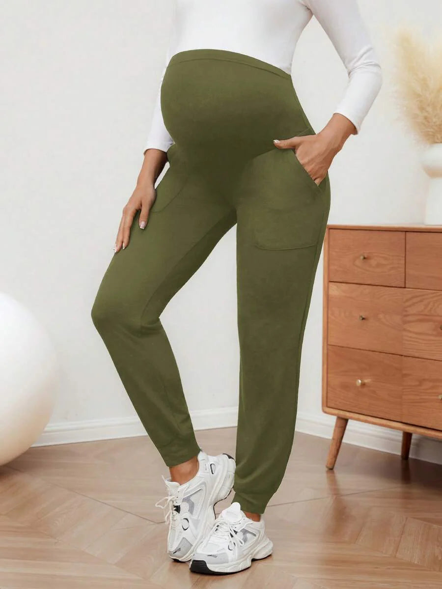 Maternity Sports Sweatpants Army Green Ultra High Waist Belly Support Knitted Joggers with Pockets for Beach and Casual Wear