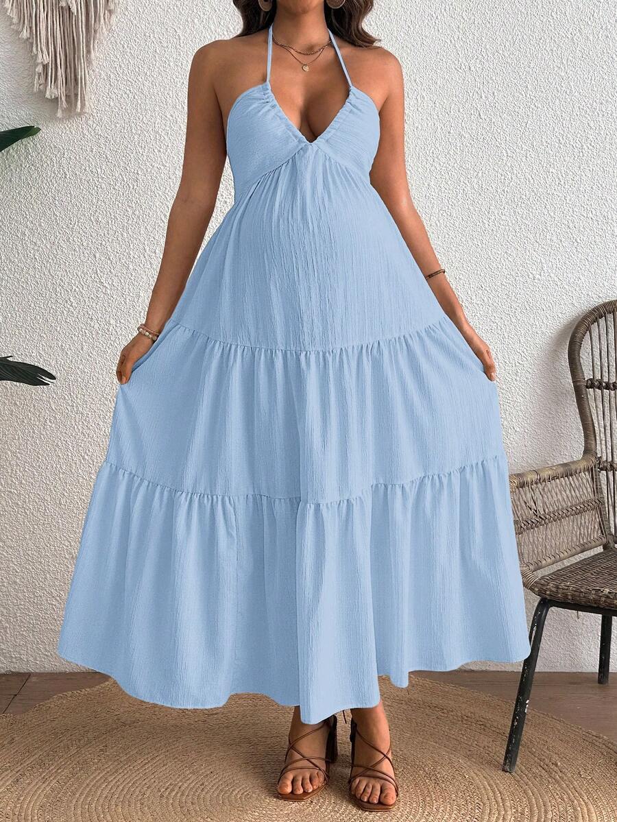 Cherish Maternity Solid Color Backless Maxi Maternity Dress Elegant Sleeveless V Neck Slim Fit Flowy Summer Gown Black