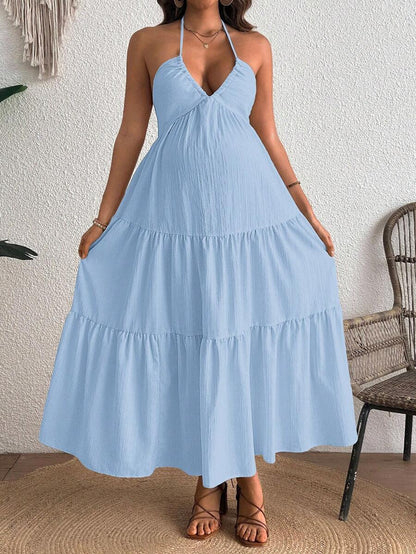 Cherish Maternity Solid Color Backless Maxi Maternity Dress Elegant Sleeveless V Neck Slim Fit Flowy Summer Gown Black