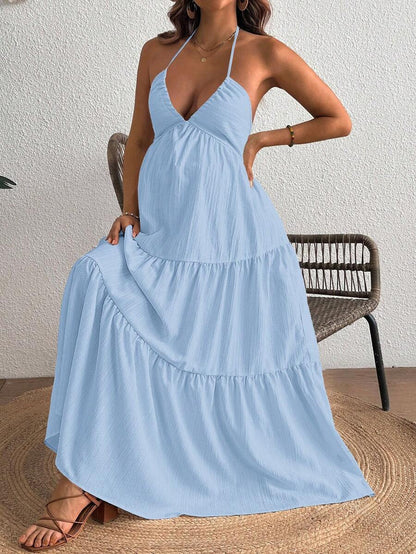 Cherish Maternity Solid Color Backless Maxi Maternity Dress Elegant Sleeveless V Neck Slim Fit Flowy Summer Gown Black