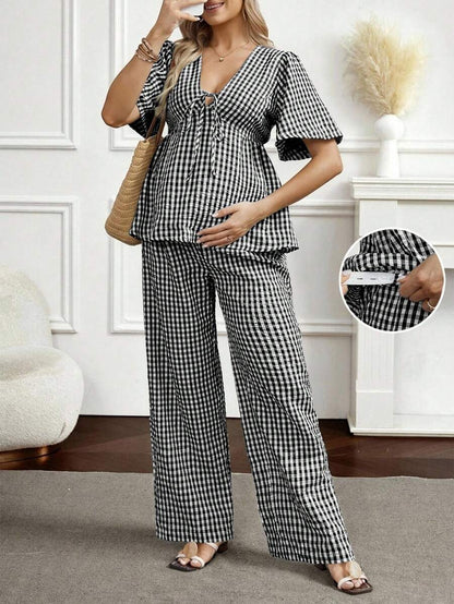 Maternity 2-Piece Plaid Lounge Set - Baby Blue Lace-Up Ruffle Blouse and Wide Leg Pants Set