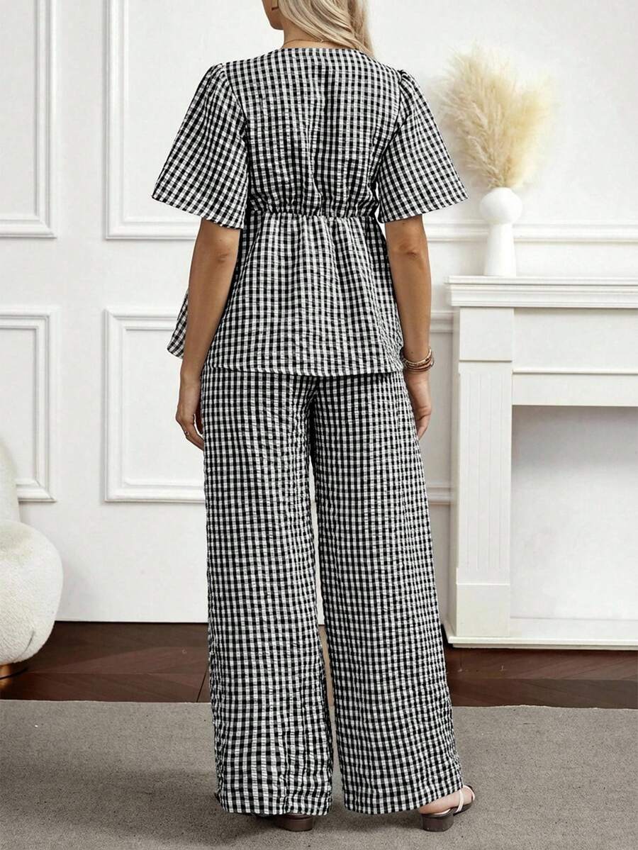 Maternity 2-Piece Plaid Lounge Set - Baby Blue Lace-Up Ruffle Blouse and Wide Leg Pants Set