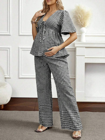Maternity 2-Piece Plaid Lounge Set - Baby Blue Lace-Up Ruffle Blouse and Wide Leg Pants Set