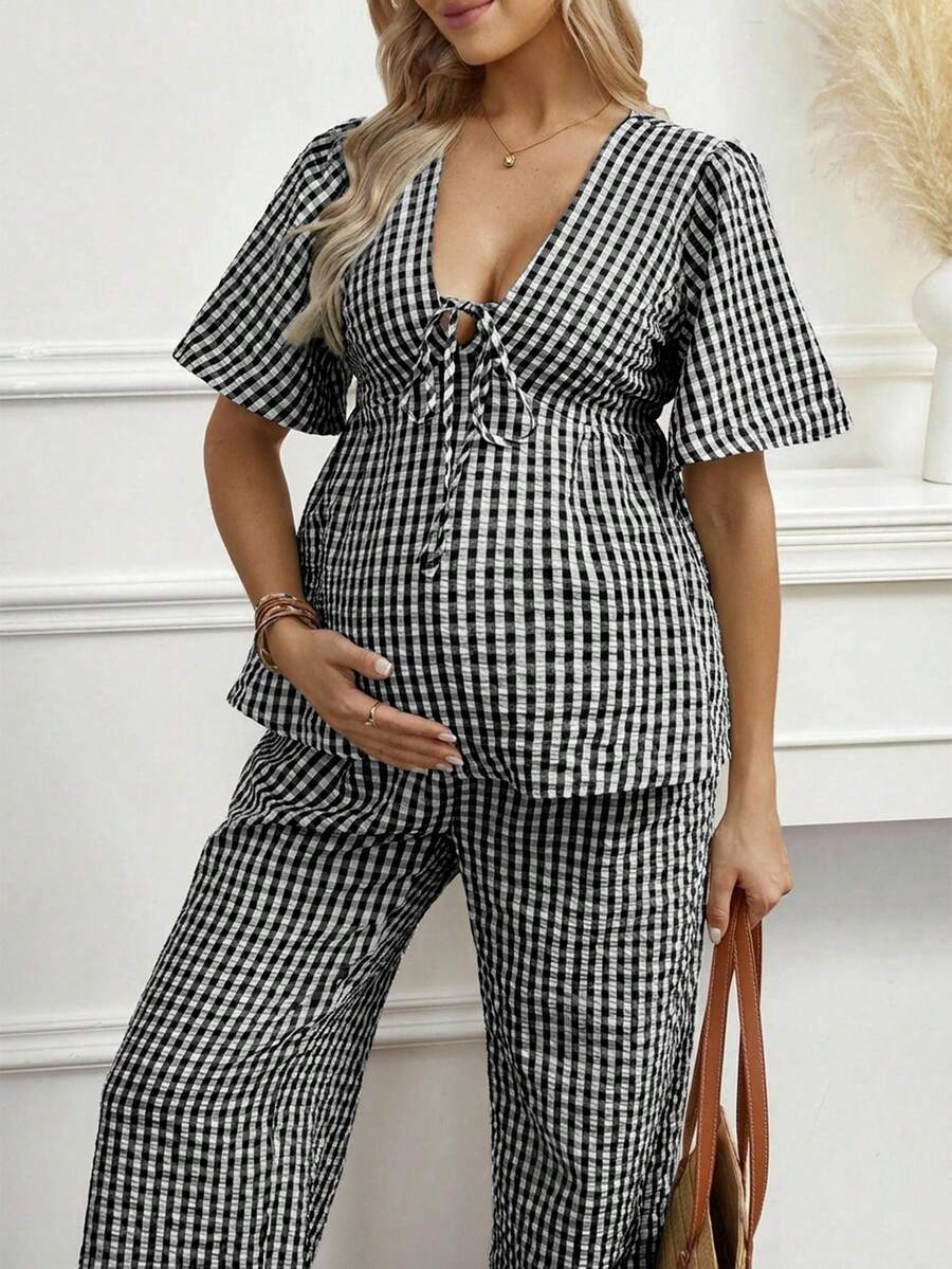 Maternity 2-Piece Plaid Lounge Set - Baby Blue Lace-Up Ruffle Blouse and Wide Leg Pants Set