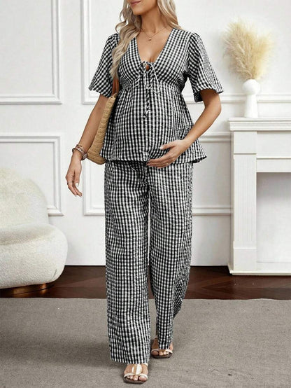 Maternity 2-Piece Plaid Lounge Set - Baby Blue Lace-Up Ruffle Blouse and Wide Leg Pants Set
