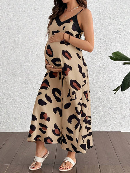 Maternity Leopard Print V-Neck Camisole Dress - Sleeveless Flared Midi Dress