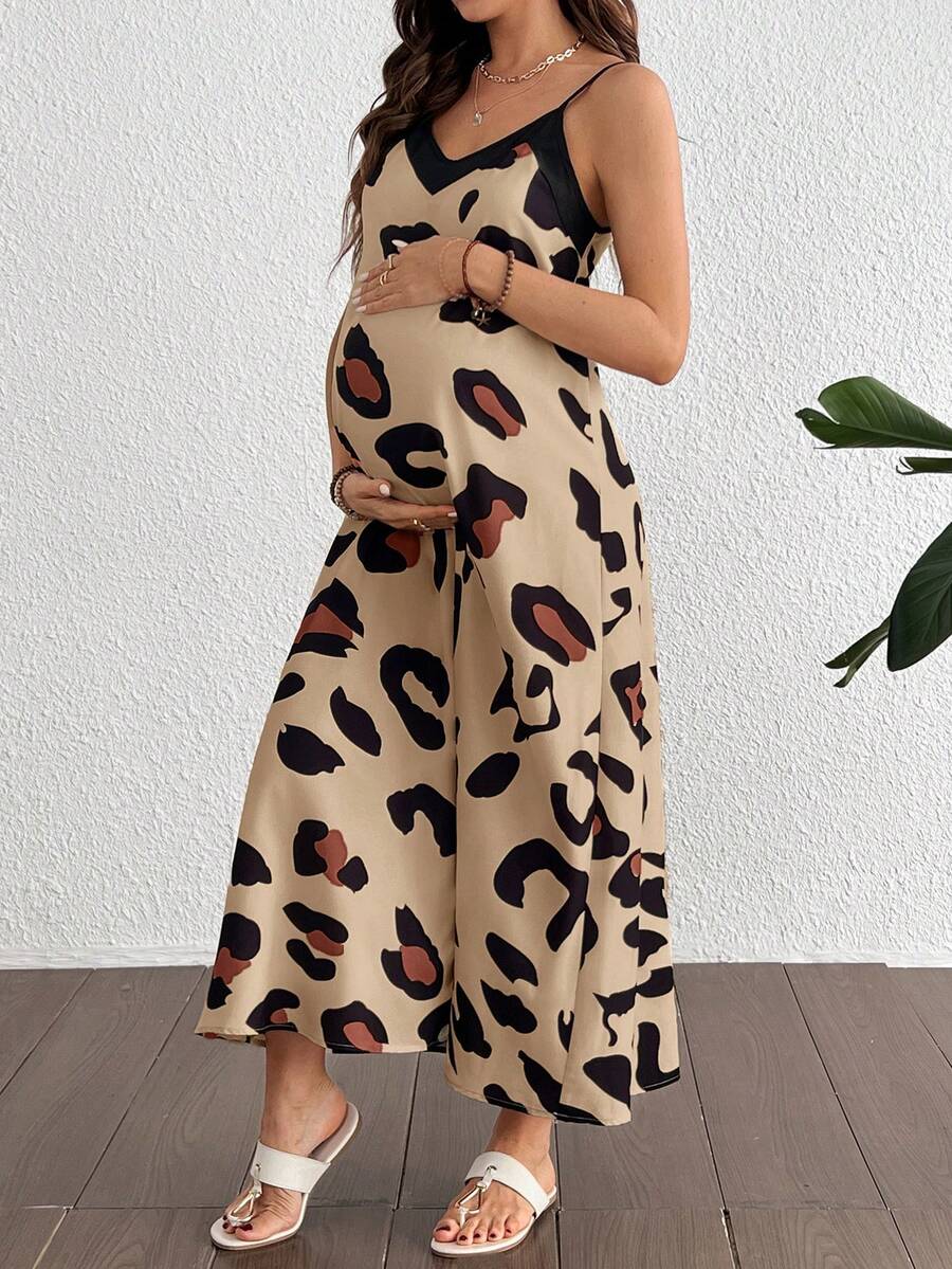 Maternity Casual Leopard Print V-Neck Sleeveless Midi Dress High Waist Backless Spaghetti Strap Cami Dress for Daily Wear