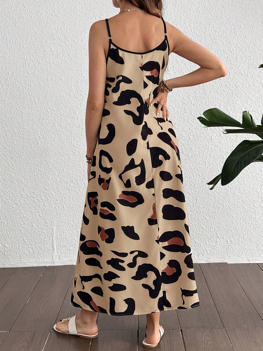 Maternity Leopard Print V-Neck Camisole Dress - Sleeveless Flared Midi Dress