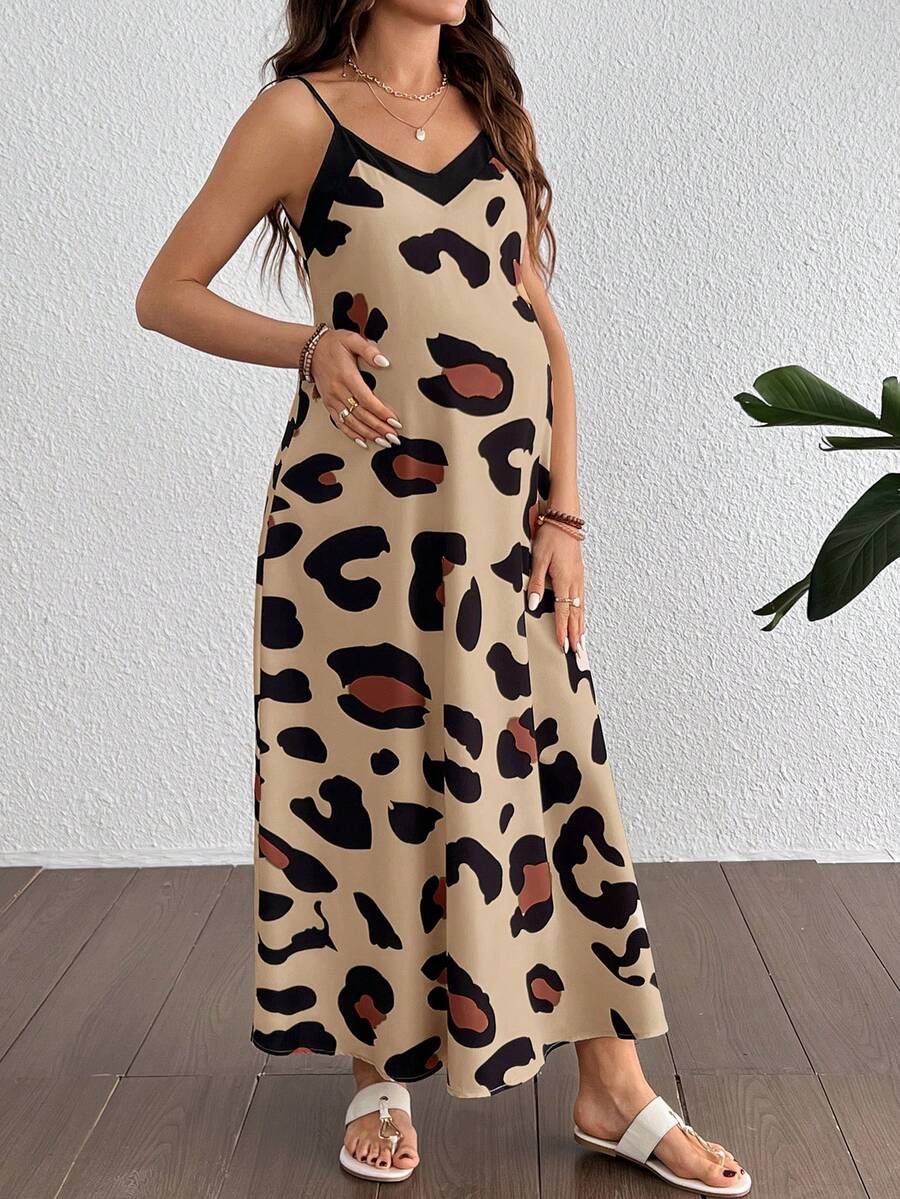 Maternity Leopard Print V-Neck Camisole Dress - Sleeveless Flared Midi Dress