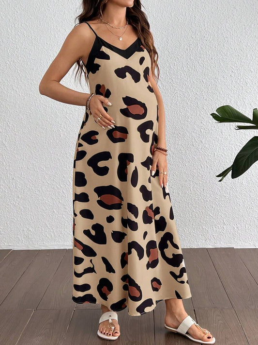 Maternity Leopard Print V-Neck Camisole Dress - Sleeveless Flared Midi Dress