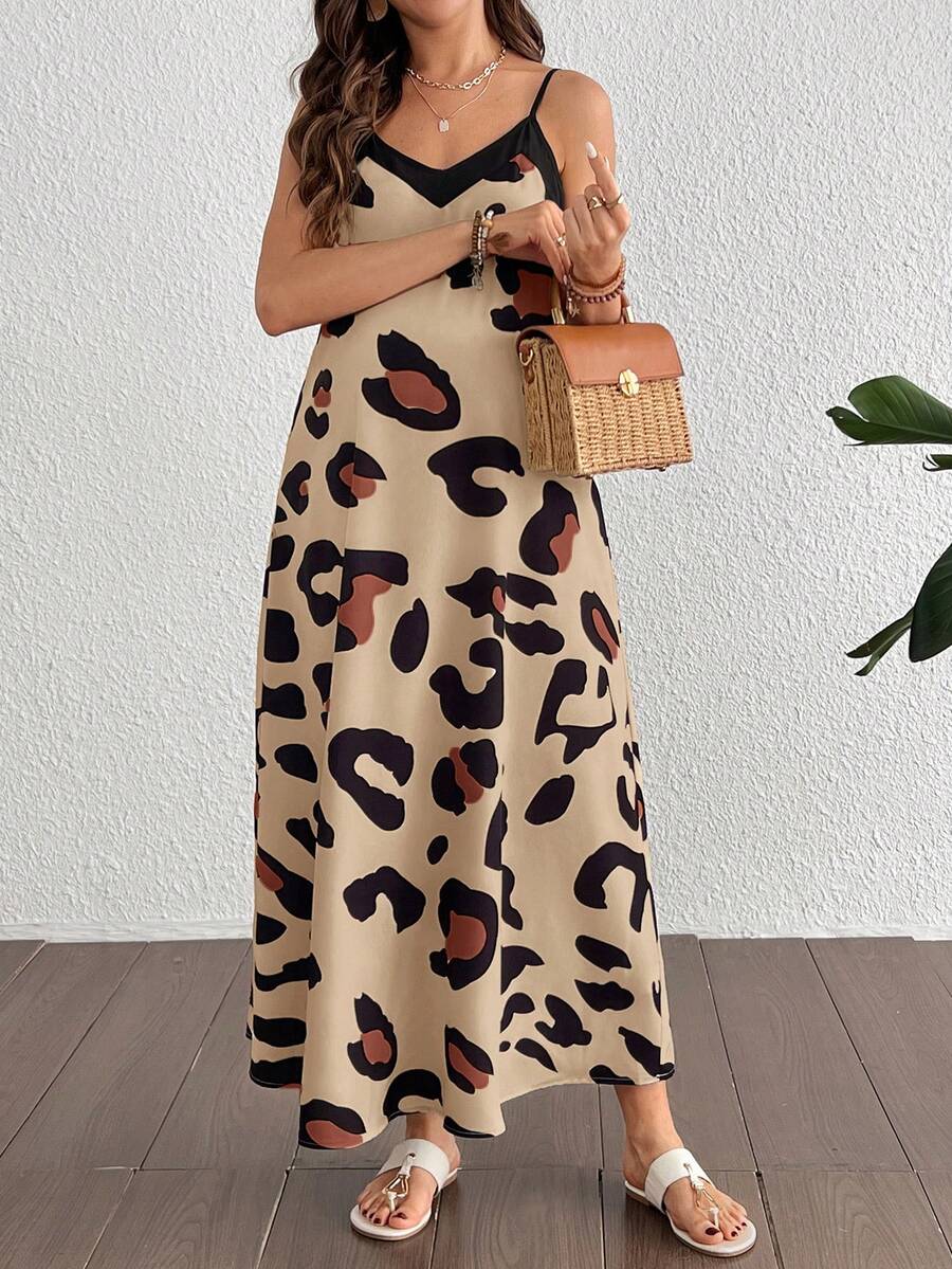 Maternity Casual Leopard Print V-Neck Sleeveless Midi Dress High Waist Backless Spaghetti Strap Cami Dress for Daily Wear