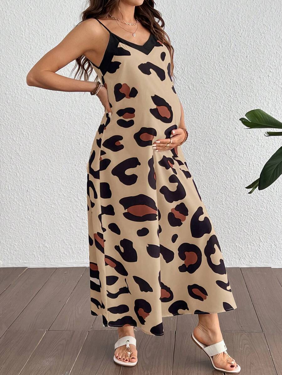 Maternity Leopard Print V-Neck Camisole Dress - Sleeveless Flared Midi Dress