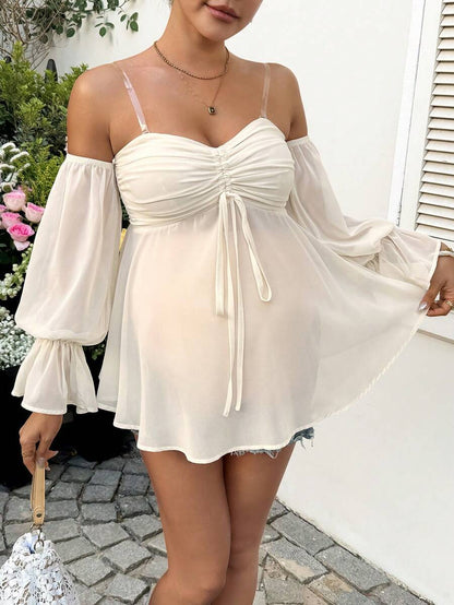 Apricot Maternity Top Off the Shoulder Summer Vacation Shirt with Flare Sleeves and Drawstring Breathable One Shoulder Going Out Tops