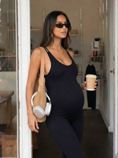 Baby Blue Maternity High Stretch Flared Jumpsuit - Backless Scoop Neck Sleeveless Skinny Fit One Piece - Adjustable Strap Maternity Activewear