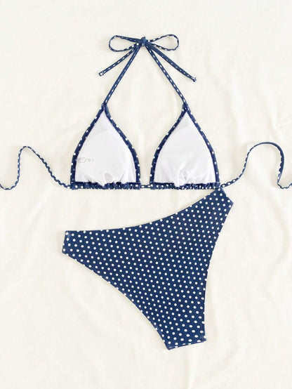 Swim Vcay Women's Summer New Contrast Color Striped Sexy Halter Triangle Cup Bikini Set