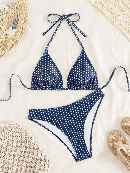 Swim Mod Women's Pink Polka Dot Print Halter Neck Low Waist Triangle Bikini Set, Summer Sexy Spring