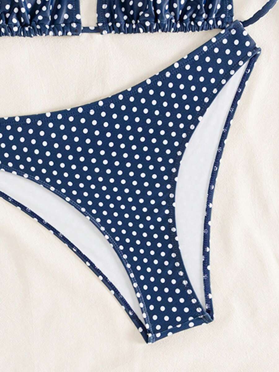 Swim Mod Women's Pink Polka Dot Print Halter Neck Low Waist Triangle Bikini Set, Summer Sexy Spring