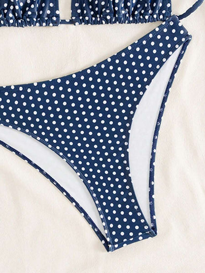 Swim Mod Women's Pink Polka Dot Print Halter Neck Low Waist Triangle Bikini Set, Summer Sexy Spring
