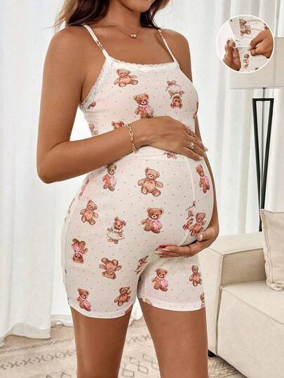 Maternity 2 Piece Contrast Lace Cute Bear Camisole and Adjustable Waist Shorts Set Slim Fit Knitted Casual Summer Beach Outfit