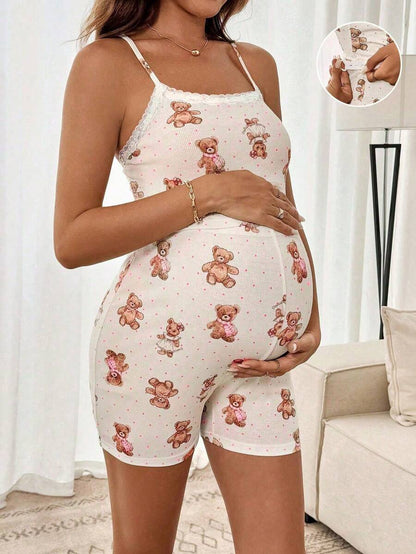 Teddy Bear & Polka Dot Print Maternity 2-Piece Cami Set - Lace Trim Ruffle Crop Top & Shorts Set with Cold Shoulder Detail