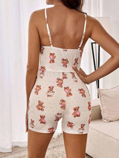 Maternity 2 Piece Contrast Lace Cute Bear Camisole and Adjustable Waist Shorts Set Slim Fit Knitted Casual Summer Beach Outfit