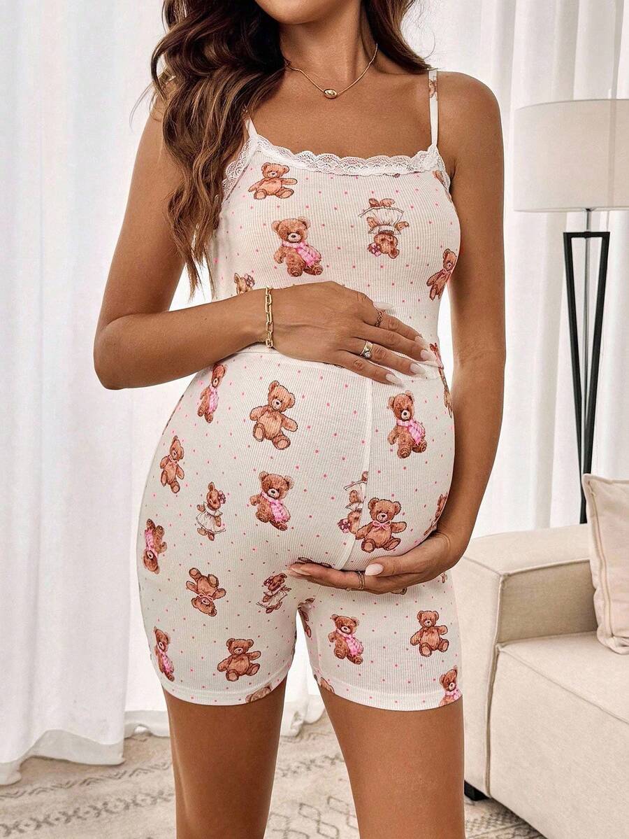Maternity 2 Piece Contrast Lace Cute Bear Camisole and Adjustable Waist Shorts Set Slim Fit Knitted Casual Summer Beach Outfit