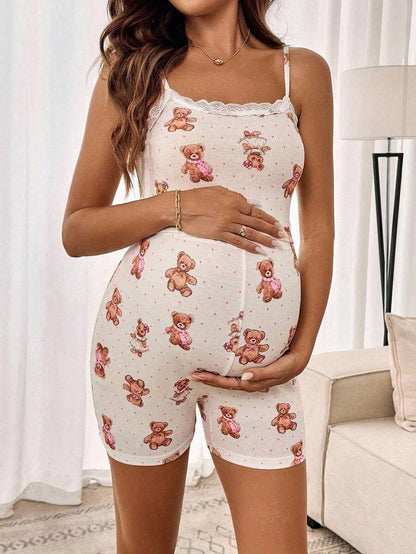 Maternity 2 Piece Contrast Lace Cute Bear Camisole and Adjustable Waist Shorts Set Slim Fit Knitted Casual Summer Beach Outfit