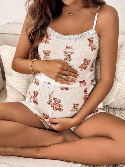 Maternity 2 Piece Contrast Lace Cute Bear Camisole and Adjustable Waist Shorts Set Slim Fit Knitted Casual Summer Beach Outfit