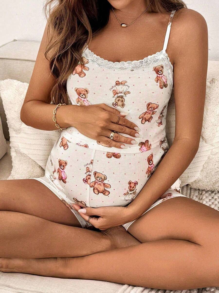 2-Piece Maternity Pajama Set – Bear Print Camisole & Shorts