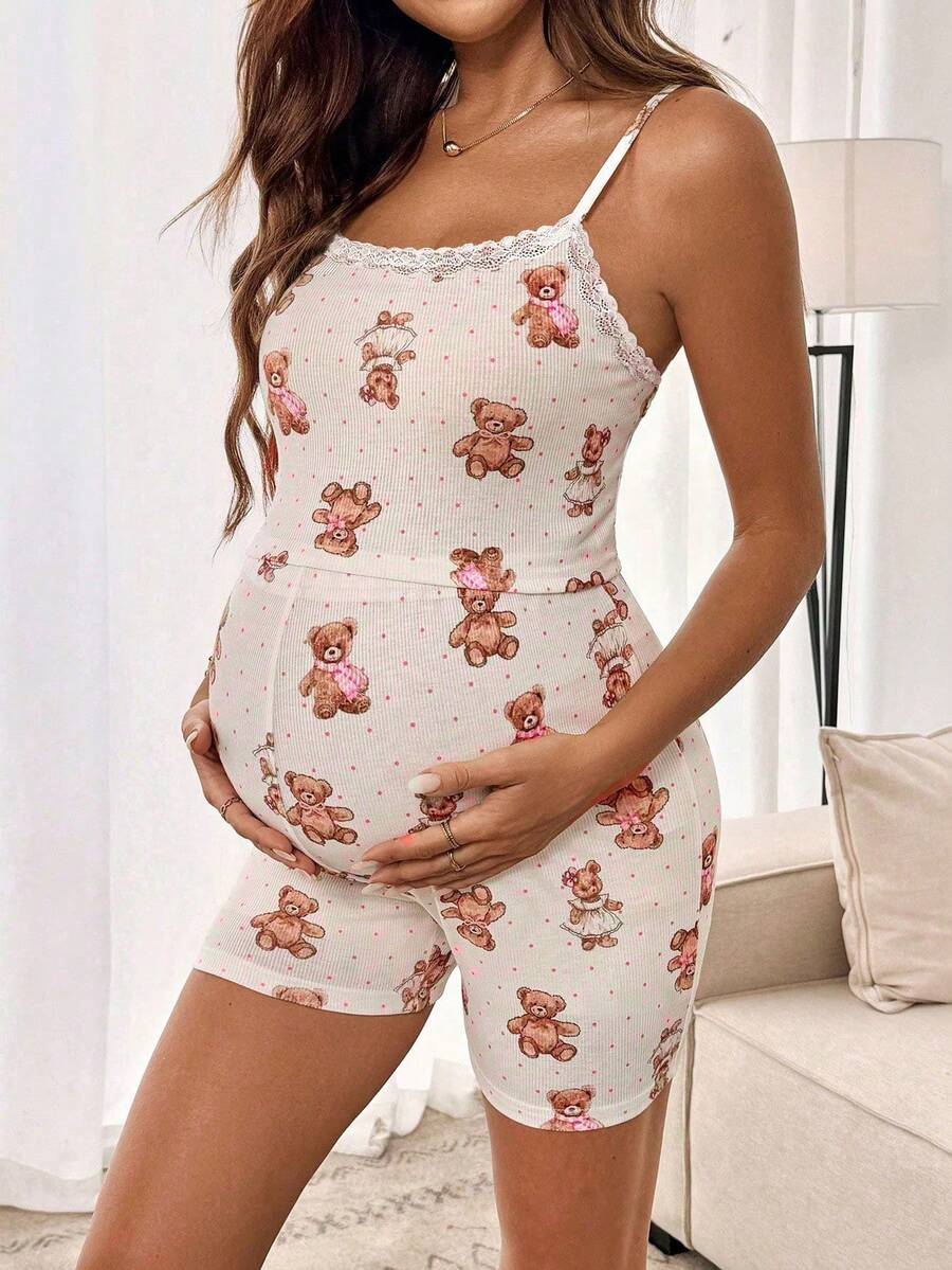 2-Piece Maternity Pajama Set – Bear Print Camisole & Shorts