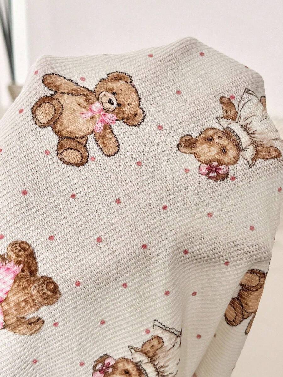Teddy Bear & Polka Dot Print Maternity 2-Piece Cami Set - Lace Trim Ruffle Crop Top & Shorts Set with Cold Shoulder Detail
