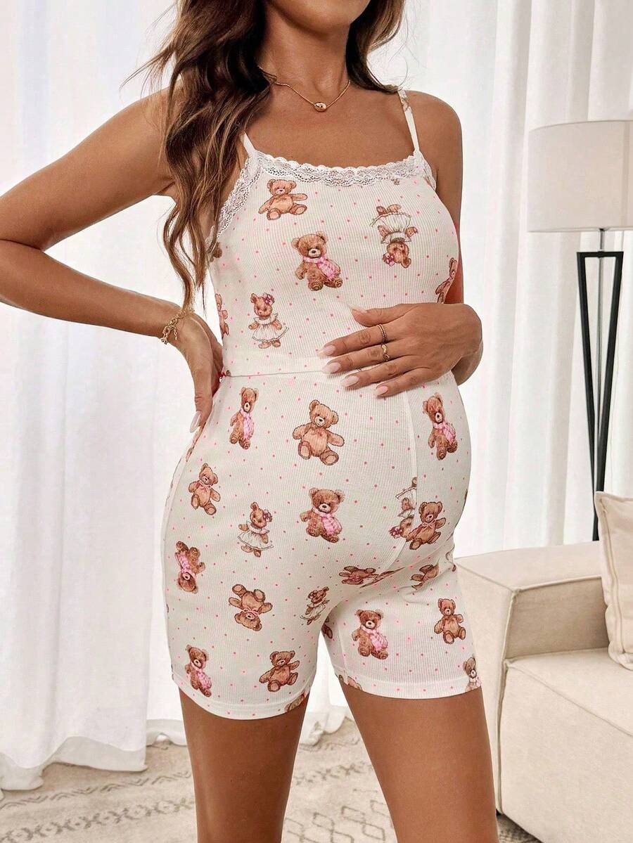 Maternity 2 Piece Contrast Lace Cute Bear Camisole and Adjustable Waist Shorts Set Slim Fit Knitted Casual Summer Beach Outfit