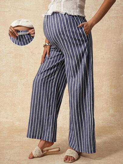 Maternity Striped Straight Leg Pants - Quilted, Loose Fit, Ultra High Waist, Blue and White