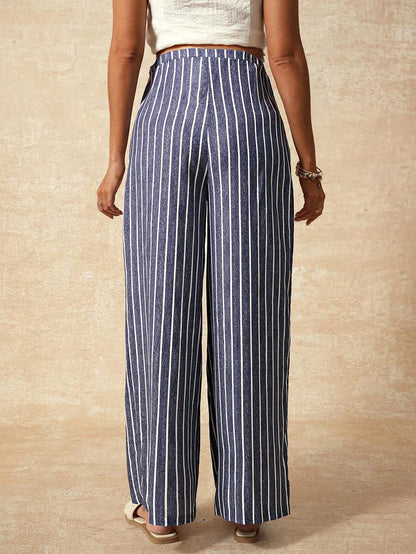 Maternity Striped Straight Leg Pants - Quilted, Loose Fit, Ultra High Waist, Blue and White