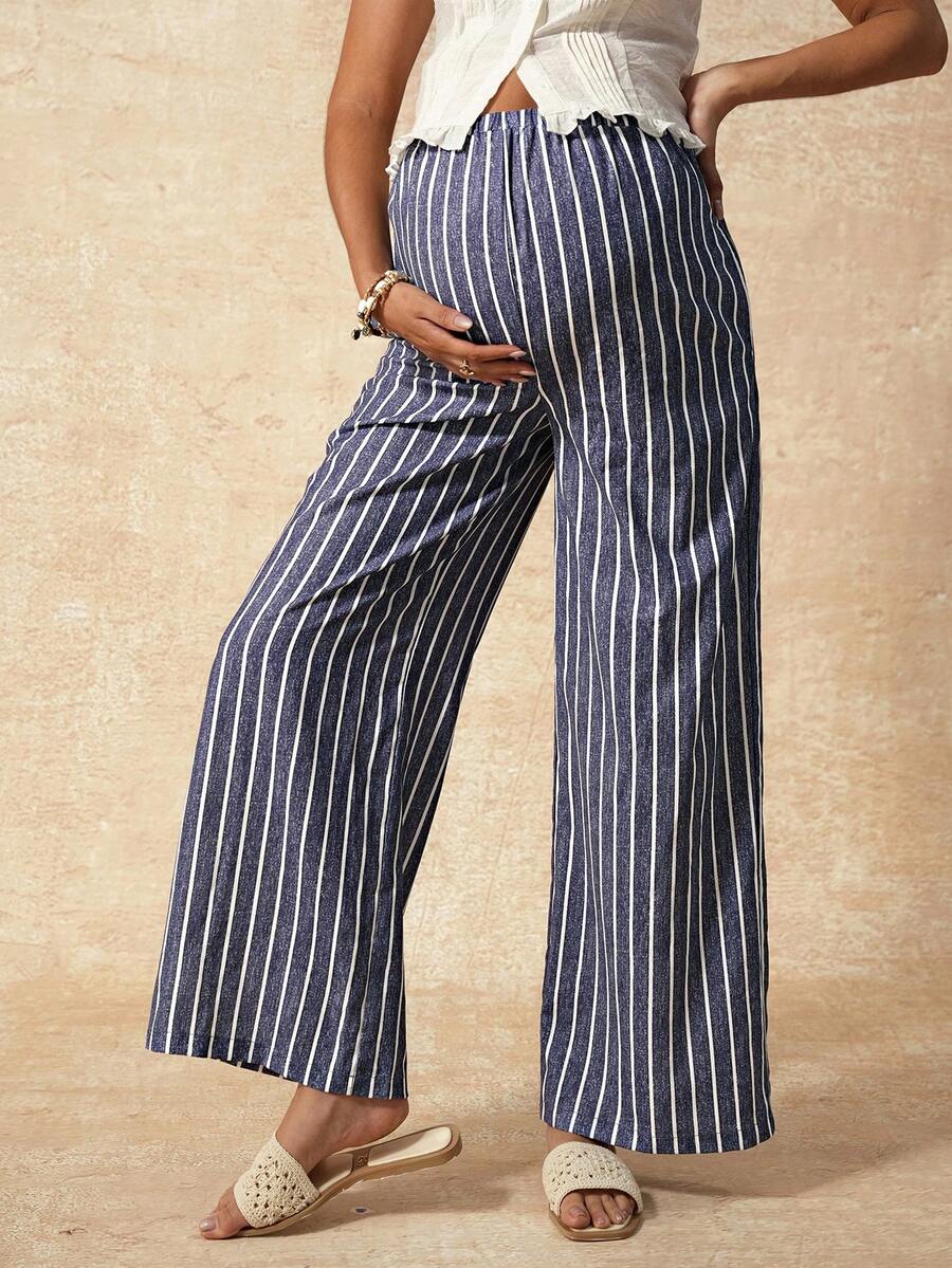 Maternity Striped Straight Leg Pants - Quilted, Loose Fit, Ultra High Waist, Blue and White