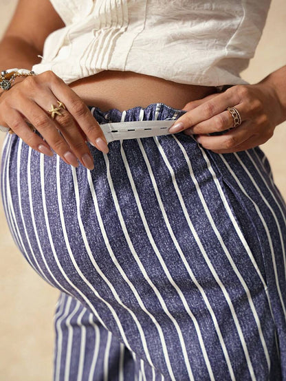 Maternity Striped Straight Leg Pants - Quilted, Loose Fit, Ultra High Waist, Blue and White