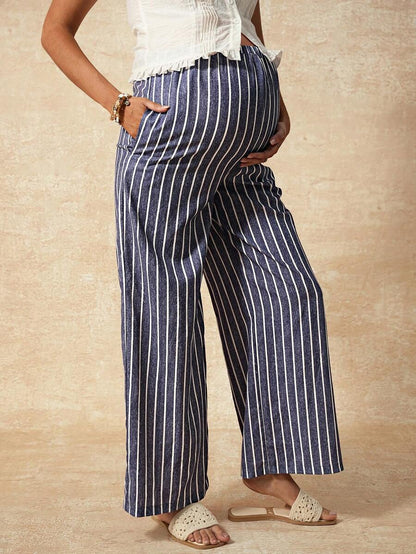 Maternity Striped Straight Leg Pants - Quilted, Loose Fit, Ultra High Waist, Blue and White