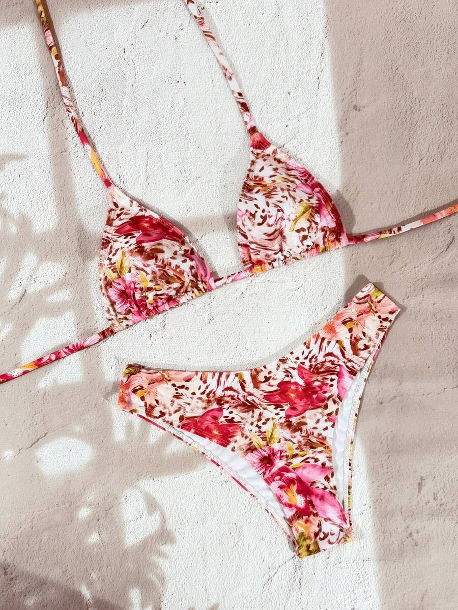 Swim Vcay 2026 Spring/Summer Women's Spaghetti Strap Halter Neck Black Base White Polka Dot Random Print Sweet Cute Side High Cut Bikini Swimwear 2-Piece Set Vacation Bikini Set Pink Bikini Set High Leg Bikini Set Modest Bikini Set Bikini Set