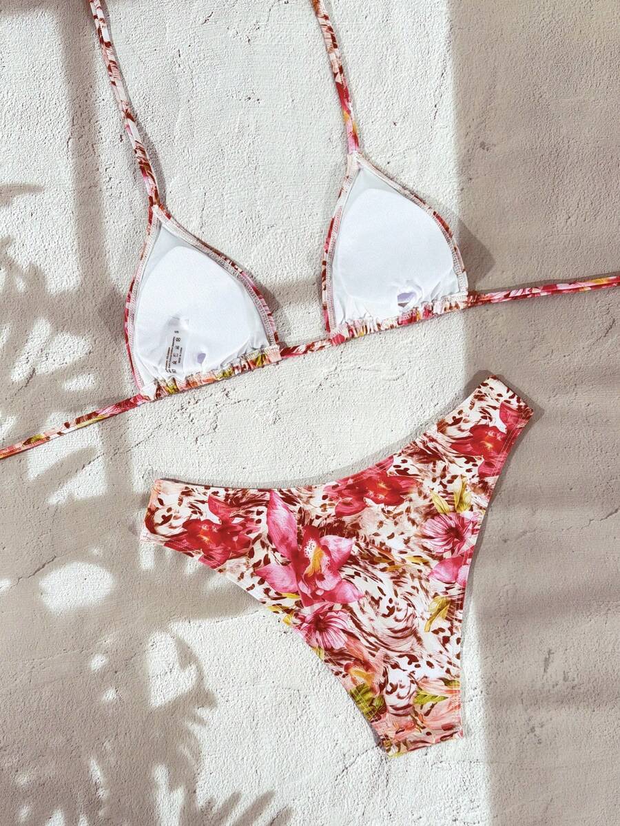 Swim Vcay 2026 Spring/Summer Women's Spaghetti Strap Halter Neck Black Base White Polka Dot Random Print Sweet Cute Side High Cut Bikini Swimwear 2-Piece Set Vacation Bikini Set Pink Bikini Set High Leg Bikini Set Modest Bikini Set Bikini Set