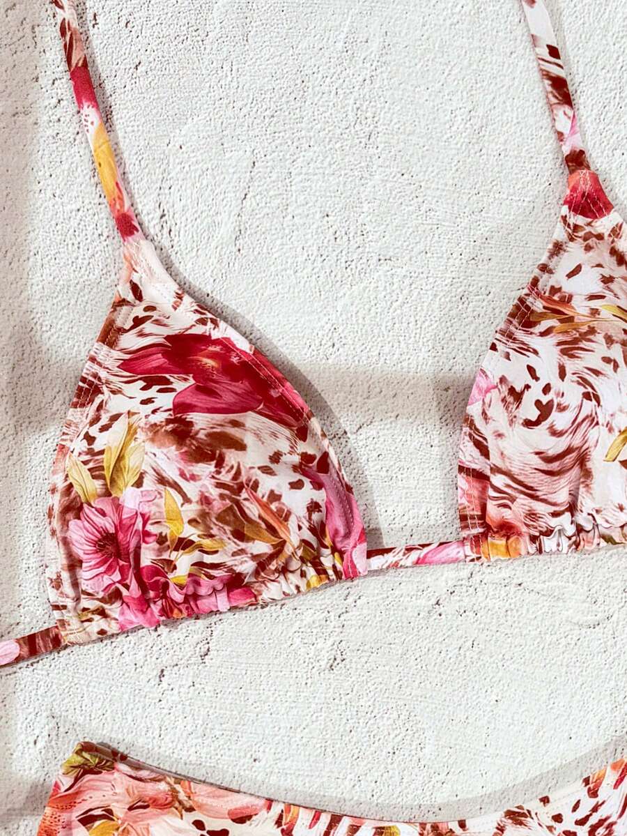 Swim Vcay 2026 Spring/Summer Women's Spaghetti Strap Halter Neck Black Base White Polka Dot Random Print Sweet Cute Side High Cut Bikini Swimwear 2-Piece Set Vacation Bikini Set Pink Bikini Set High Leg Bikini Set Modest Bikini Set Bikini Set