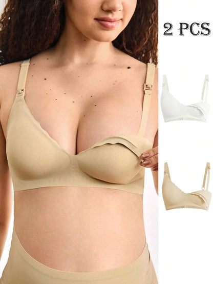 Maternity Nursing Bra 2 Pack - Seamless Solid Color Wireless Breastfeeding, Pregnancy Postpartum