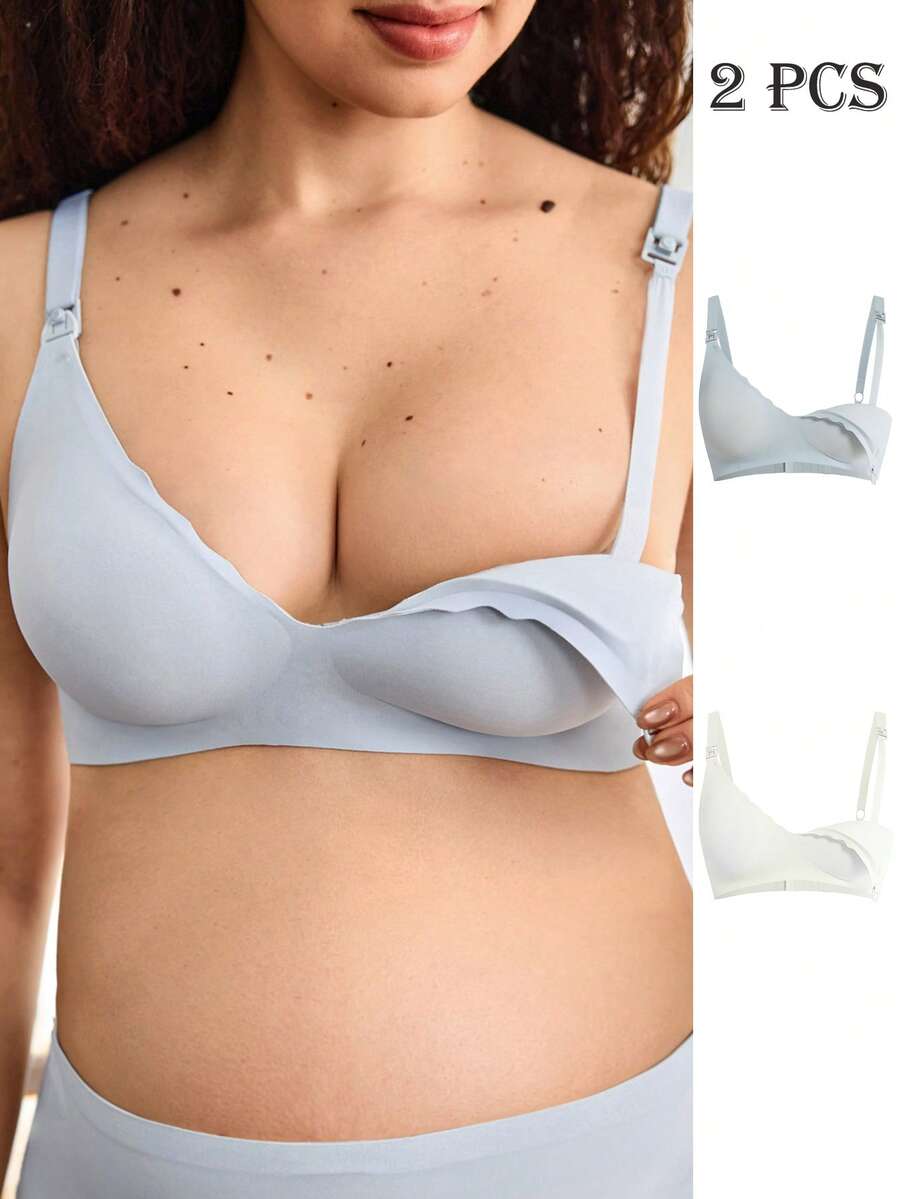 Maternity Nursing Bra 2 Pack - Seamless Solid Color Wireless Breastfeeding, Pregnancy Postpartum