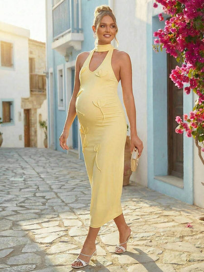 Maternity Fashion Backless Halter Dress For Baby Shower Party