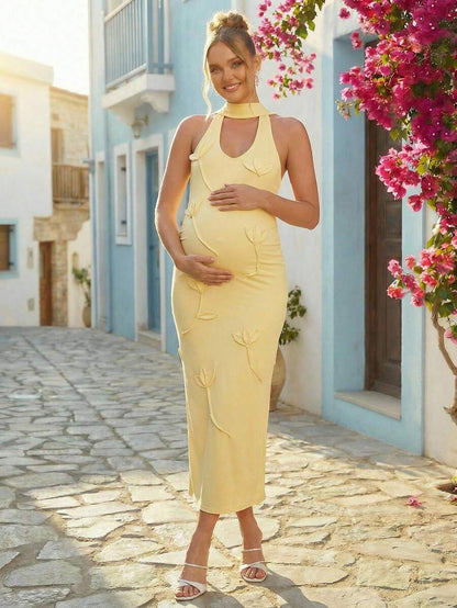 Maternity Fashion Backless Halter Dress For Baby Shower Party