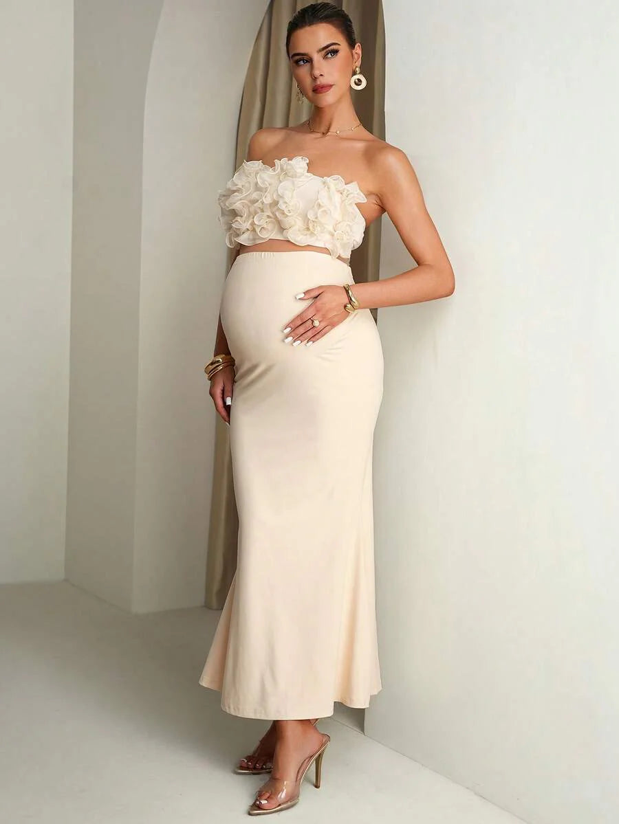 Maternity Solid Color Ruffle Trim Cropped Camisole Top And Adjustable Waist Mermaid Hem Skirt Elegant 2-Piece Set Summer Outfits Pregnancy Dress For Photoshoot  Wedding Guest Dress
