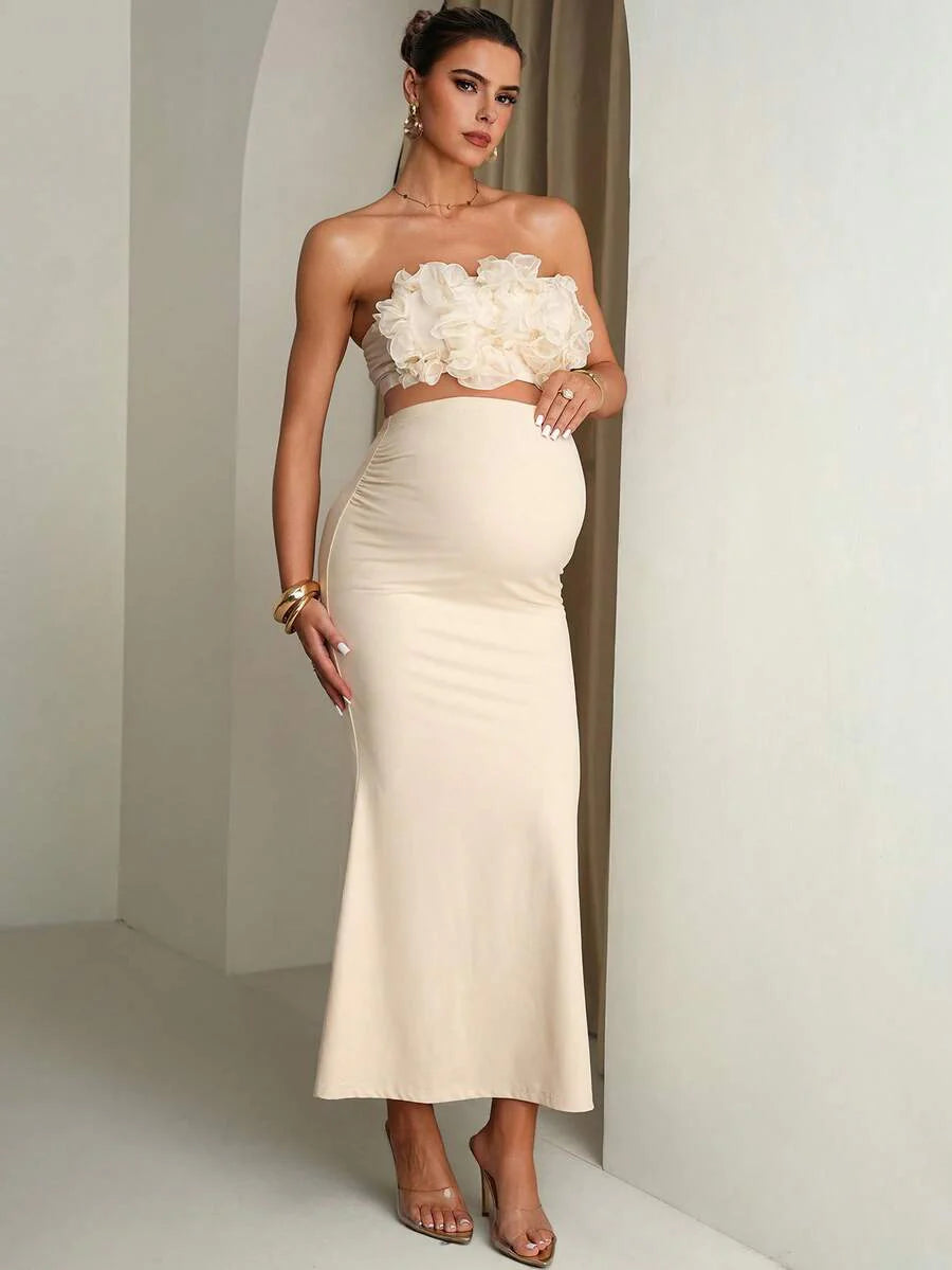 Maternity Solid Color Ruffle Trim Cropped Camisole Top And Adjustable Waist Mermaid Hem Skirt Elegant 2-Piece Set Summer Outfits Pregnancy Dress For Photoshoot  Wedding Guest Dress