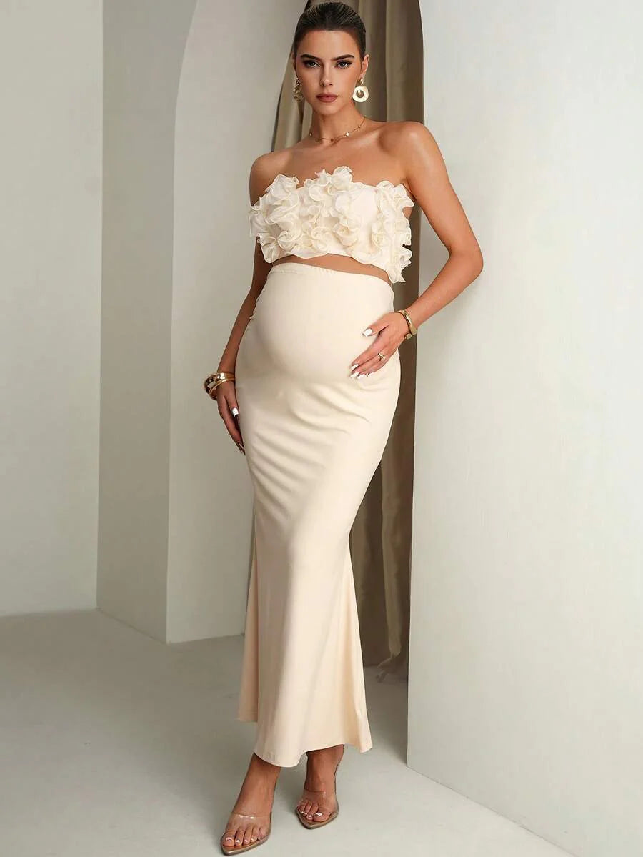 Maternity Solid Color Ruffle Trim Cropped Camisole Top And Adjustable Waist Mermaid Hem Skirt Elegant 2-Piece Set Summer Outfits Pregnancy Dress For Photoshoot  Wedding Guest Dress