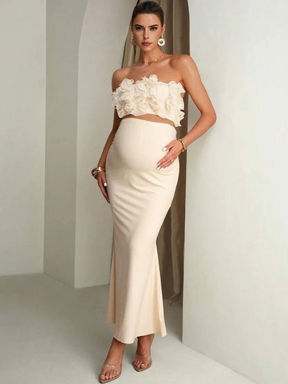 Maternity Solid Color Ruffle Trim Cropped Camisole Top And Adjustable Waist Mermaid Hem Skirt Elegant 2-Piece Set Summer Outfits Pregnancy Dress For Photoshoot  Wedding Guest Dress