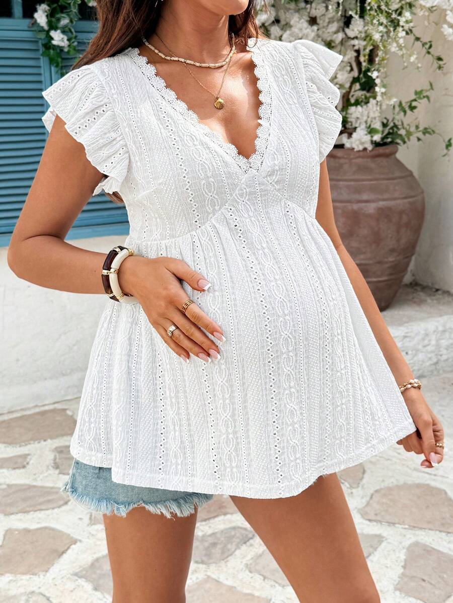 White Knit Jacquard Maternity Top with Contrast Lace V-Neck and Layered Ruffle Sleeves – Boho Doll Style Summer Vacation Peplum Blouse