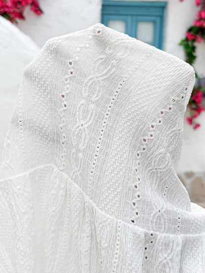 White Knit Jacquard Maternity Top with Contrast Lace V-Neck and Layered Ruffle Sleeves – Boho Doll Style Summer Vacation Peplum Blouse
